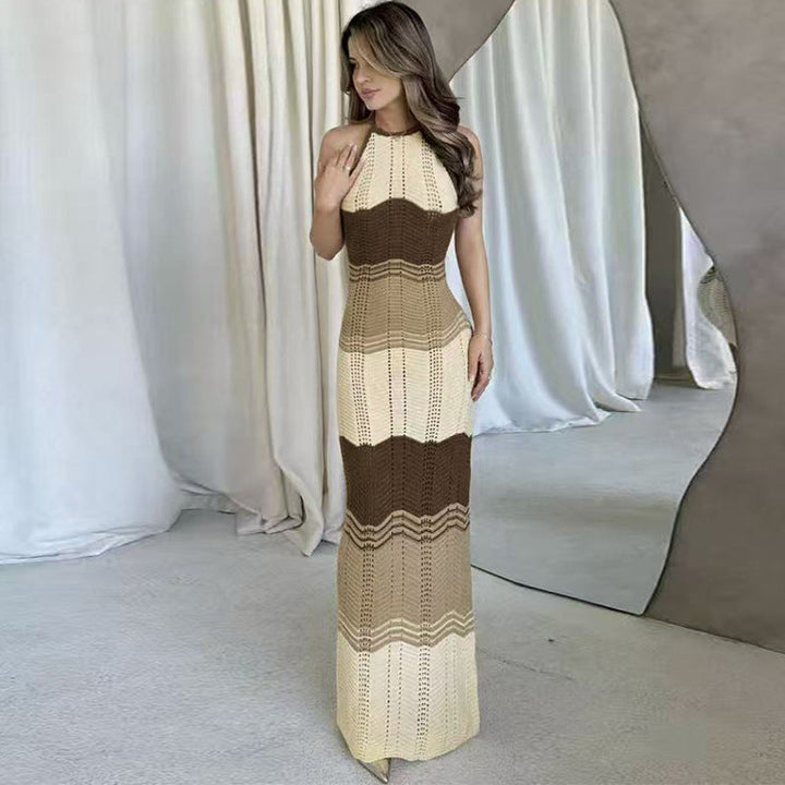 Contrast Color Striped Hollow Out Cutout out Texture Beach Dress Halter Sexy Slim Hip Knitted Dress Seaside Vacation Blouse