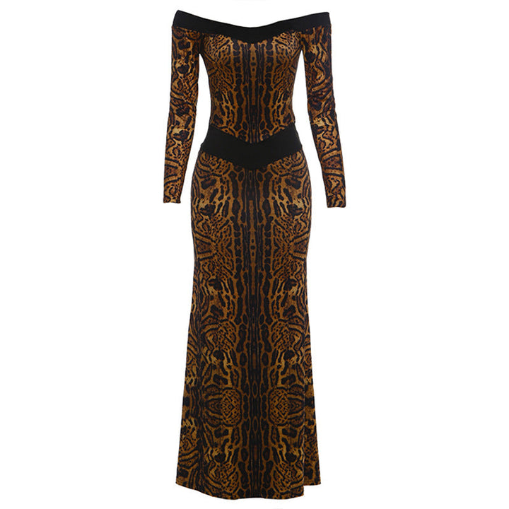 Fall Women Clothing Sexy off the Shoulder Hollow Out Cutout Backless Leopard Print Slim Fit Long Sleeved Dress