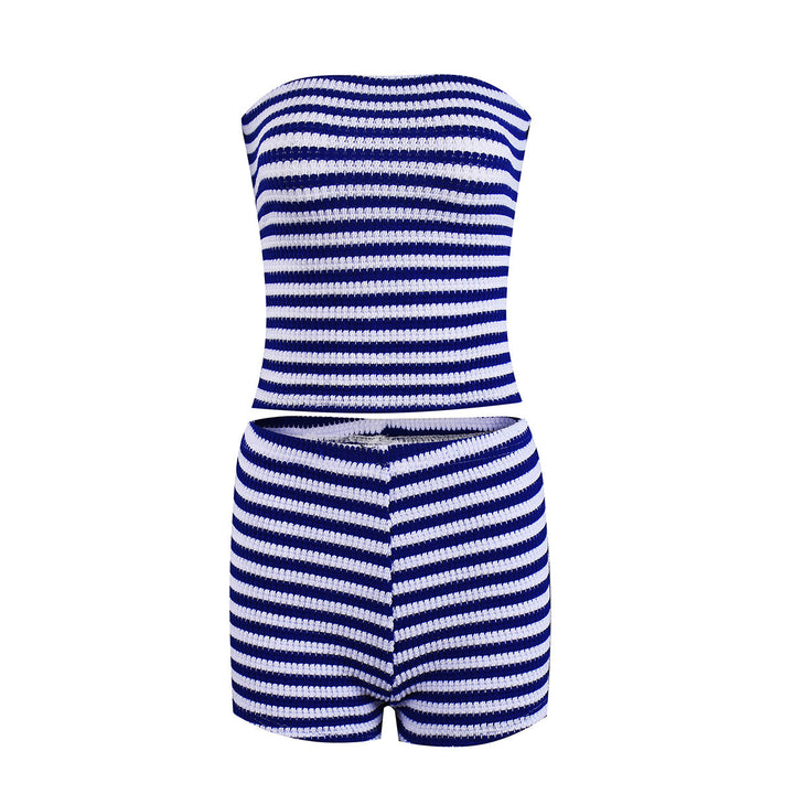 Women Clothing Internet Expert Bandeau Sexy Cropped Exposed Mixed Color Stripe Shorts Two Piece Sets