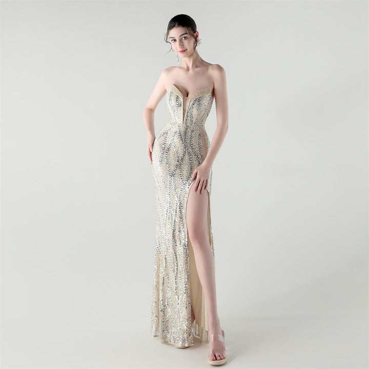 Boning Corset Waist Tight Heavy Industry Beads Heart Shaped Collar Sequined Evening Dress Luxury Cocktail Evening Dress