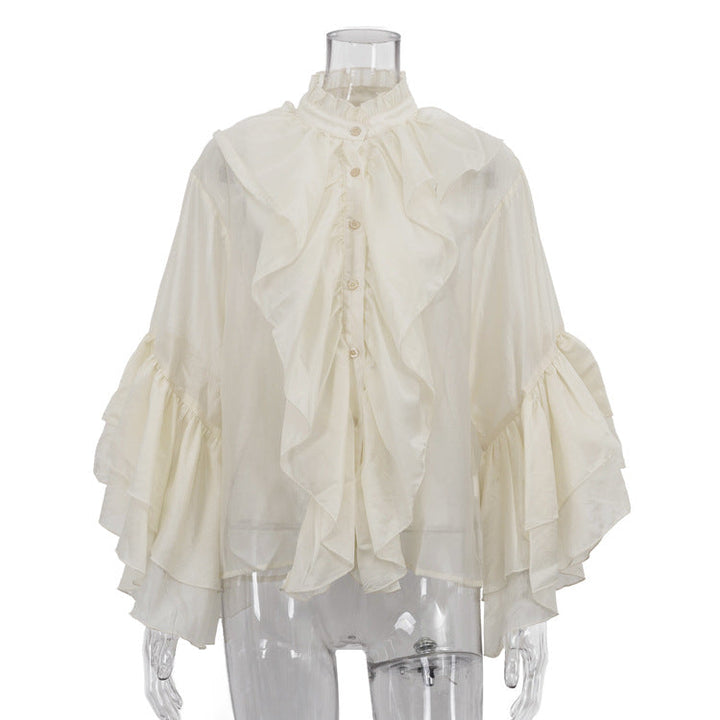 All Match Casual Women Shirt Design Ruffled Stand up Collar Long Sleeved French Top