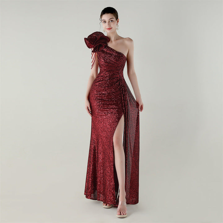 Craft Floral Beaded One Shoulder Diagonal Collar Fishtail Evening Dress Dinner Wedding Awards Ceremony Social Dress