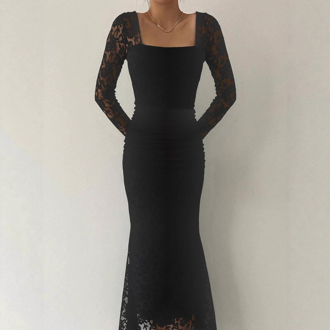 Autumn Winter Women Clothing Fashionable Elegant Lace Stitching Square Collar Slimming Pleated Maxi Dress