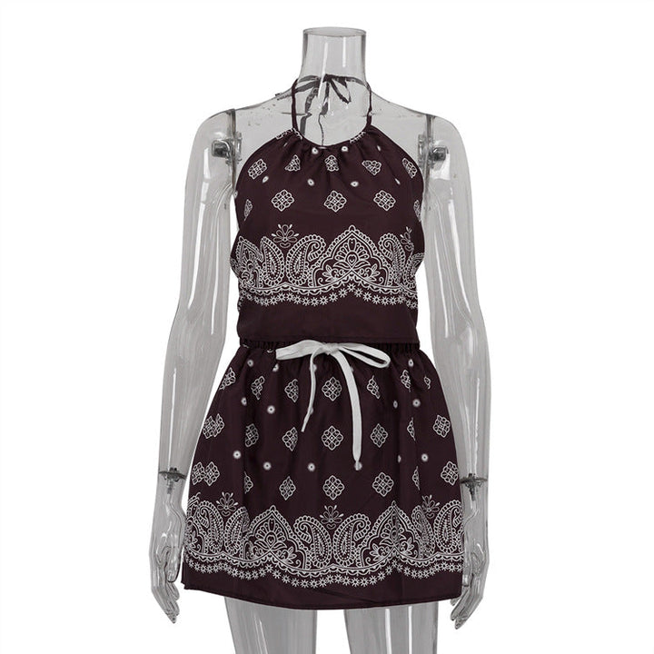 Digital Vintage Print Sexy Women Lace up Halterneck Backless Top High Waist Short Skirt Two Piece Sets