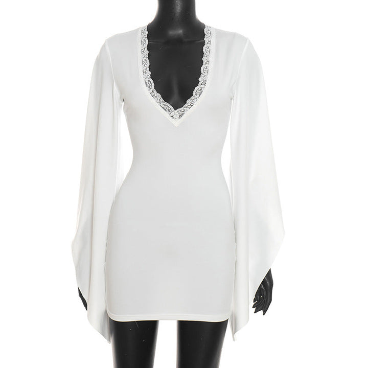 Women Clothing Autumn Solid Color Casual Lace Flared Long Sleeve Bodycon Dress