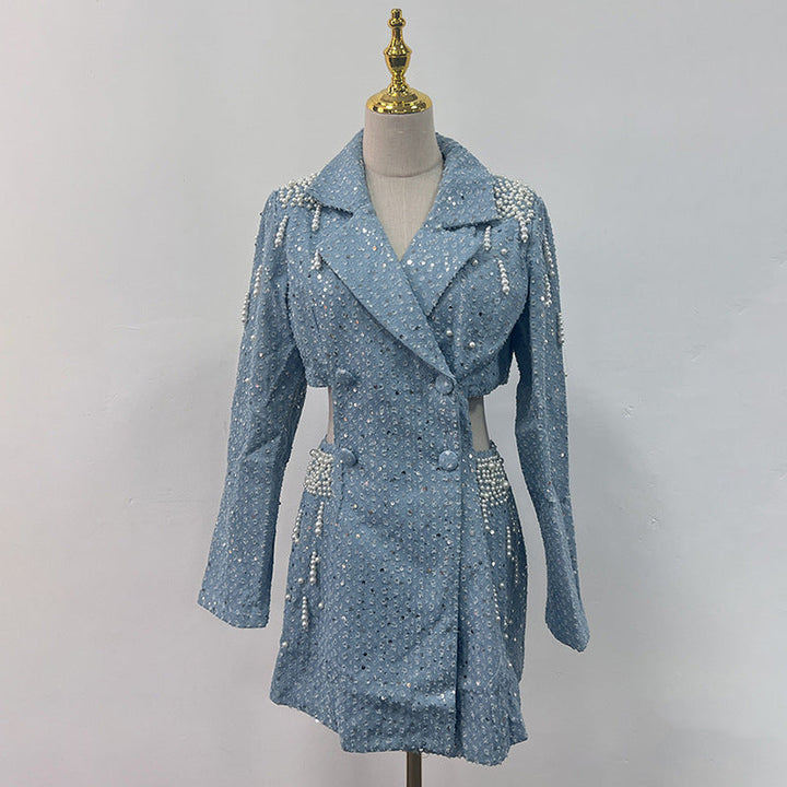 Dress Women Autumn Winter Pearl Stitching High Sense Cropped Outfit Long Sleeve Short Dress