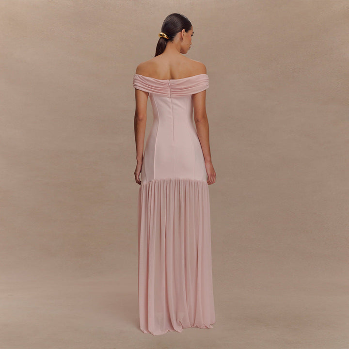 Elegant Tube Top Ladies Dress Sexy Mesh Stitching Backless Pleated Slim Fit Maxi Dress