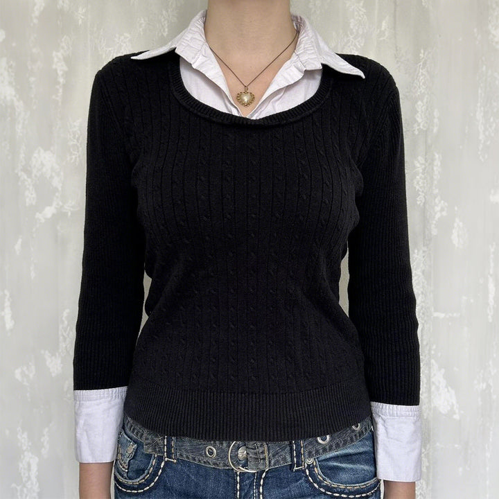 Sexy Faux Two Piece Long Sleeved Sweater Woolen Women Clothing Autumn