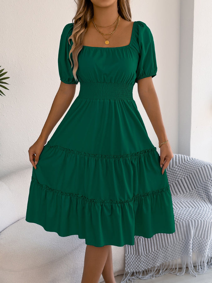Spring Summer Solid Color Square Collar Short Sleeve Wooden Ear Large Swing Dress Women Clothing