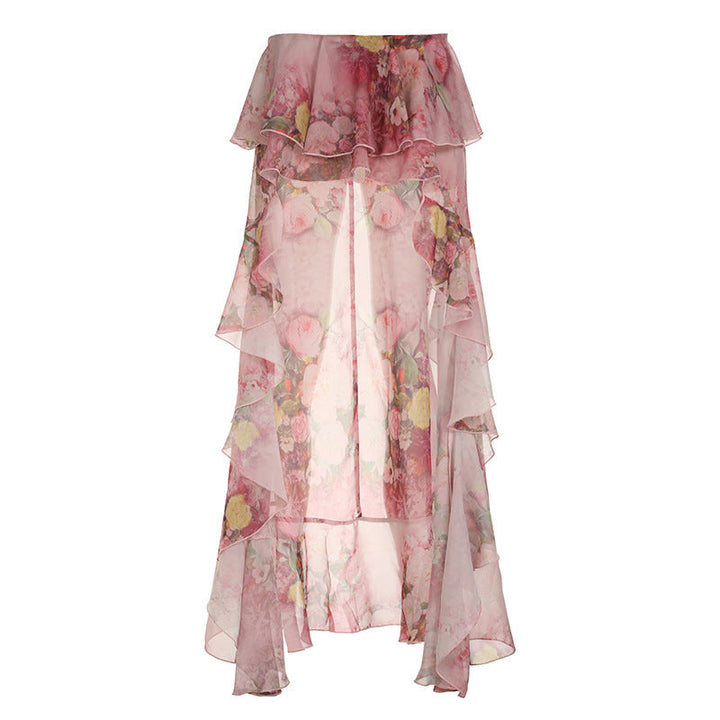 Sexy Holiday Romantic Floral Print Ruffled Skirt Sexy Irregular Asymmetric Trailing Dress with Lining