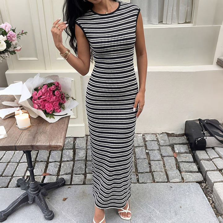 Knitted Vest Dress Summer Slim Fit Sheath Striped Sleeveless Maxi Dress Women Clothing