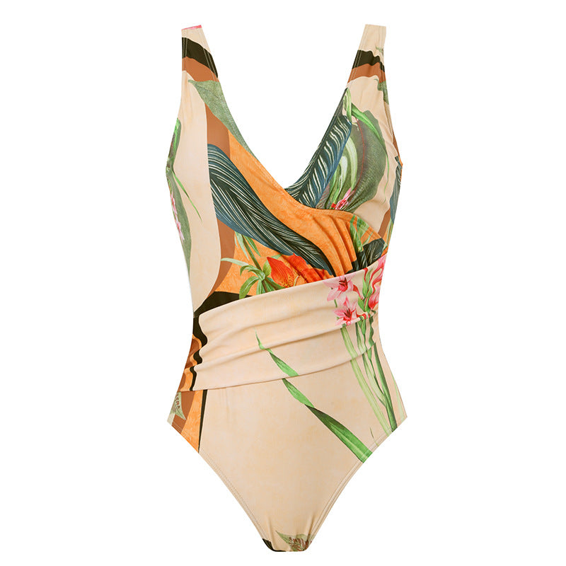 Two Piece Set Swimsuit Cross Belly Covering Printed Backless Sheath Dress Swimsuit