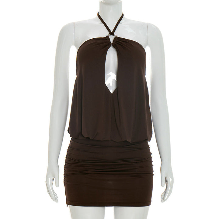 Women Clothing Summer Solid Color Halter Lace up Cutout Bud Backless Sheath Short Dress