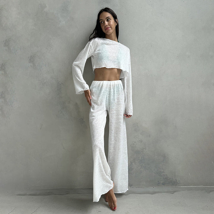 Autumn White Knitted Fabric round Neck Long Sleeved Trousers Pajamas Two Piece Loose Comfortable Ladies Homewear