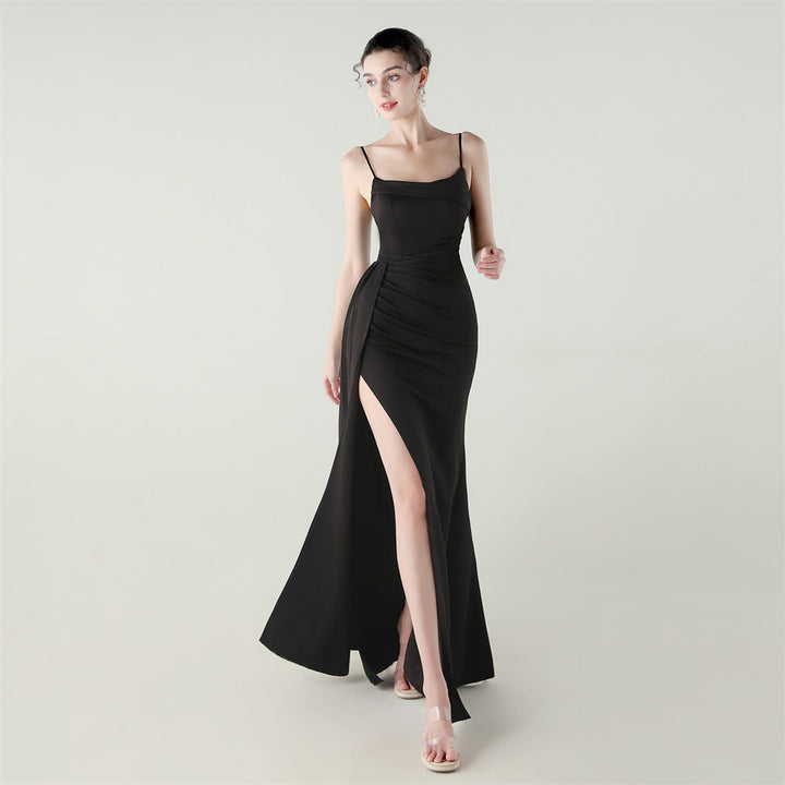 Camisole Tube Top Satin Pleated Fishtail High Slit Evening Dress Elegant Slim Dress for Dinner Ceremony