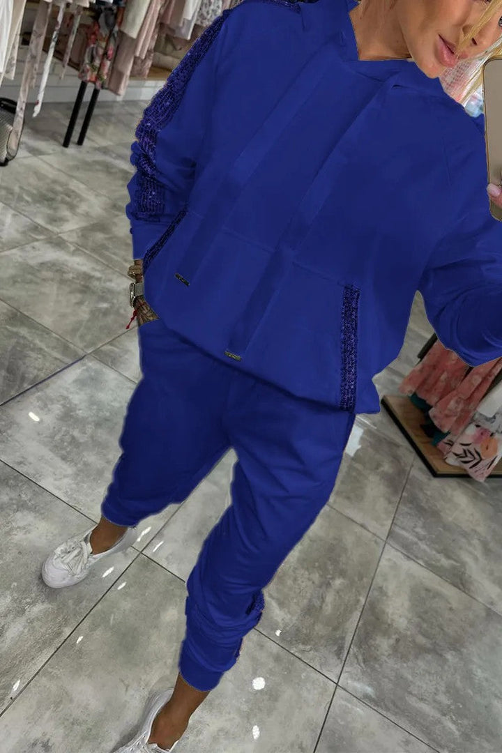 Casual Sequin Pocket Sports Hooded Sweatshirt Sweatpants Suit