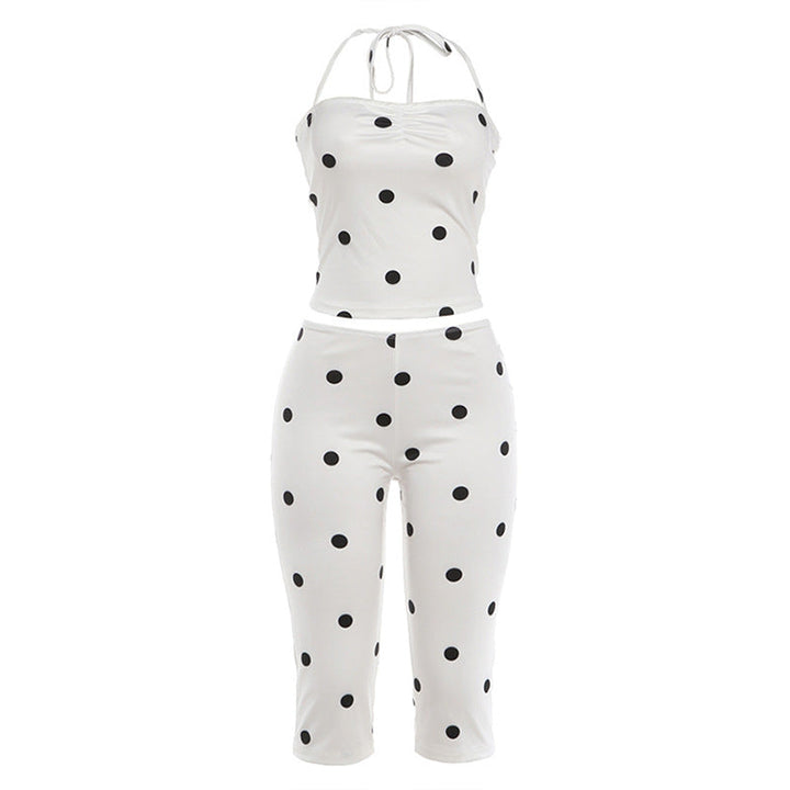 Spring Sexy Polka Dot Backless Strap Top High Waist Hip Raise Pants Two Piece Sets
