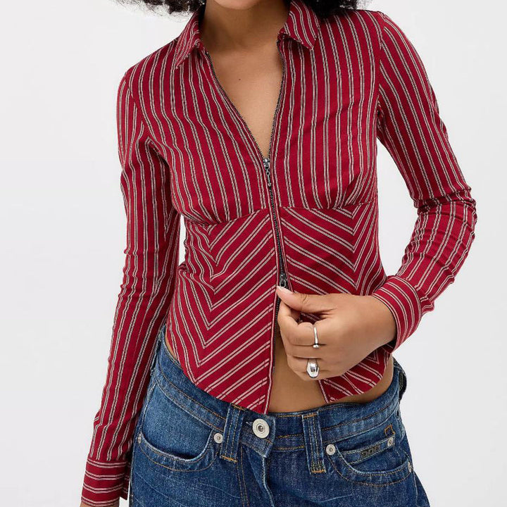Women Clothing Spring Advanced Striped Long Sleeve Cardigan Shirt