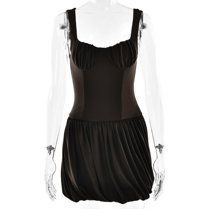 Strap Tube Top Dress Sexy Waist Trimming Solid Color Pleated Sleeveless Dress