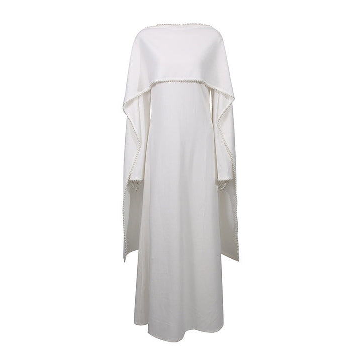 Elegant Solid Color Retro Heavy Industry Beautiful Pearl Shawl High Waist Dress Women