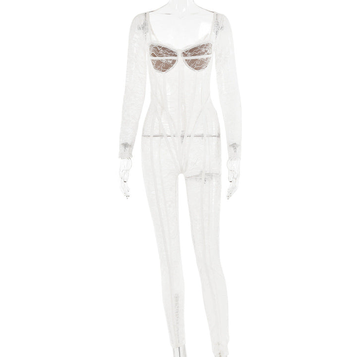 Autumn Lace Stitching Sexy Temptation Low Cut Jumpsuit Women Sexy See through Trousers