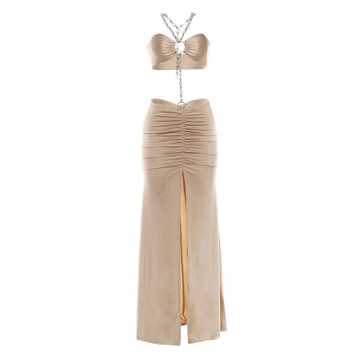 Summer Women Clothing Chain Stitching Sexy Bare Back Fold Split Sheath Dress