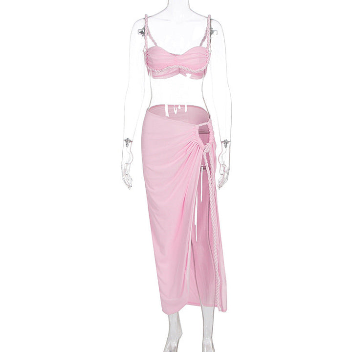 Summer Sexy Beach Vacation Swimsuit Woven Halter Top Top Split Skirt Set