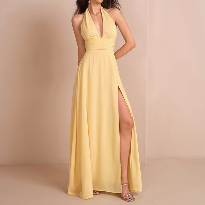 Elegant Halter Lace up Chiffon Dress Sexy Sexy Deep V Plunge neck Backless Slit Formal Dress Maxi Dress