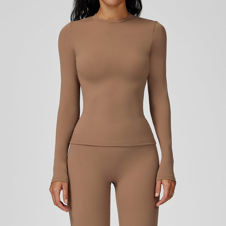 Sollinarry Brushed Long Sleeve Yoga Clothes round Neck Slim Fitness Clothes Outdoor Running Sport Long Sleeve T shirt