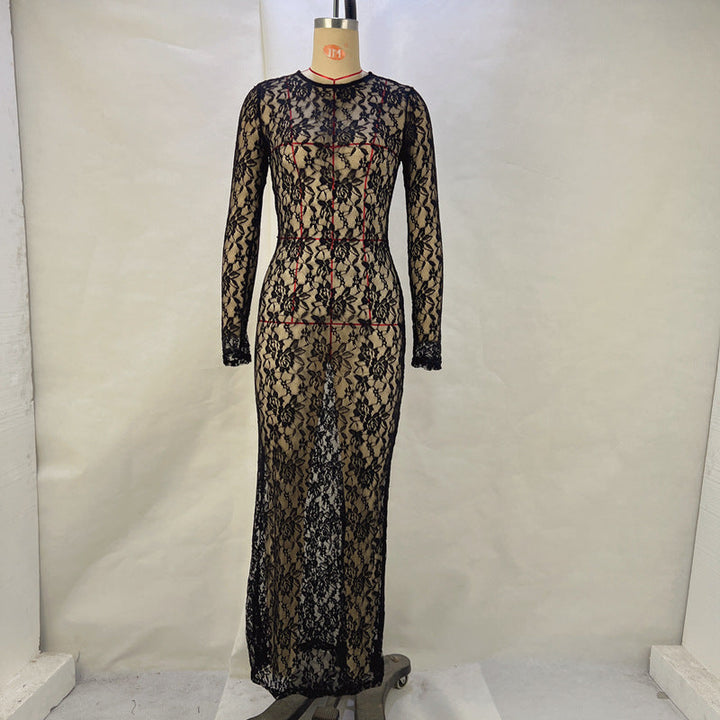 Women Clothing Spring Summer Solid Color Lace See through Long Sleeve Mid Length Dress