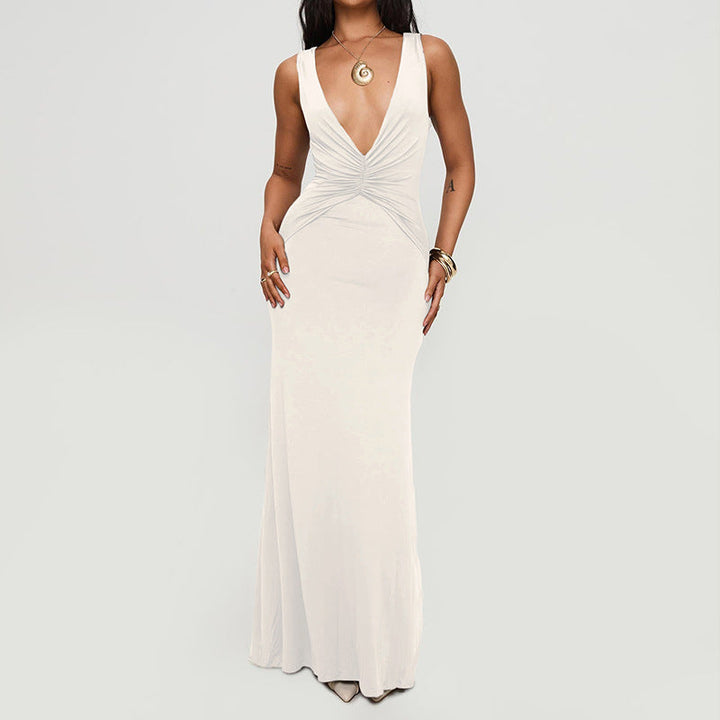 Milk Silk Dress Sexy V neck Halter Backless Pleated Long Fish Tail Dress