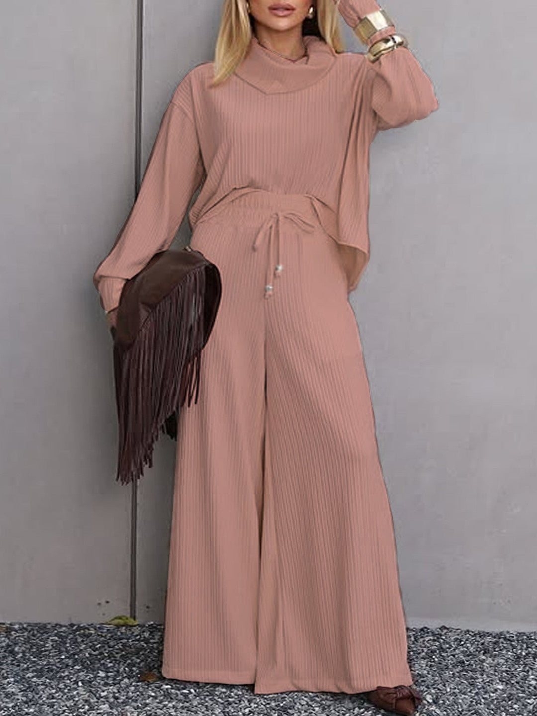 Women Clothing Casual Turtleneck Long Sleeve Loose Fitting Wide Leg Trousers Casual Two Piece Sets Autumn Winter