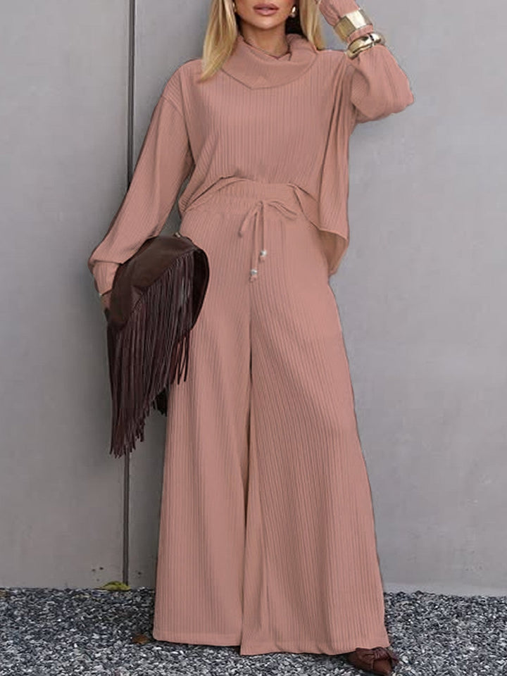 Women Clothing Casual Turtleneck Long Sleeve Loose Fitting Wide Leg Trousers Casual Two Piece Sets Autumn Winter