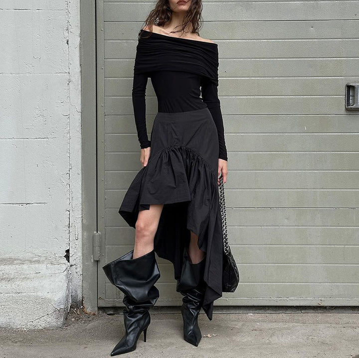 Fall Design High Waist Open Leg Layered Ruffled Cotton Irregular Asymmetric Skirt for Women