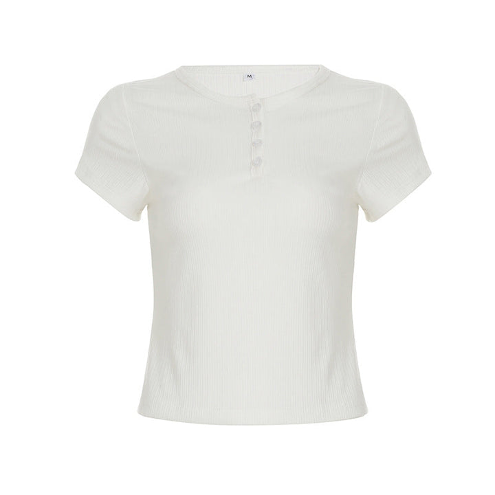 Summer Small Short Top Solid Color Basic Casual Half Open Collar Slim Slimming Short Sleeve T shirt