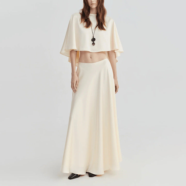 Elegant Socialite Two Piece Sets round Neck Cape Shawl Short Top High Waist Skirt
