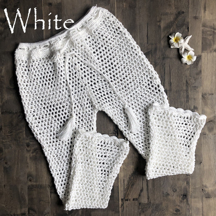 Knitted Hollow Out Cutout Beach Fishnet Pants Women Hand Crocheting Beach Lace up Trousers Sun Protective Pants