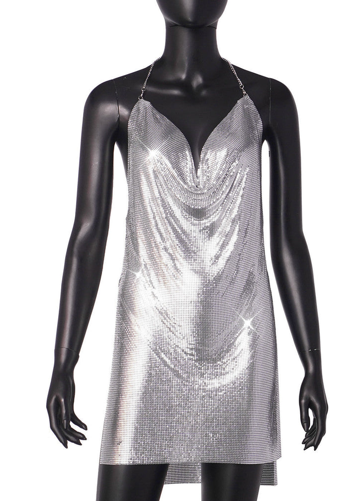 Backless Metal Sequ V neck Brace Halter Nightclub Split Dress