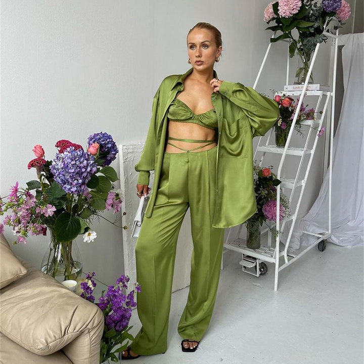 Sexy Women Wear Spring Summer Casual Vacation Three Piece Suit Satin Shirt Vest Straight Leg Pants Suit