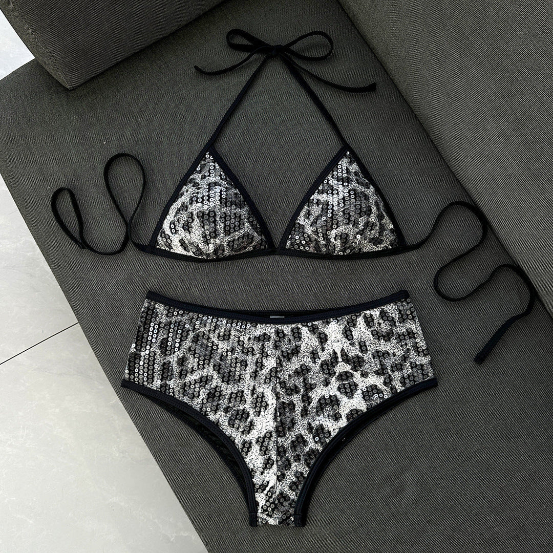 Leopard Sequ Split Trim Boxers Split Swimwear Swimsuit Bikini