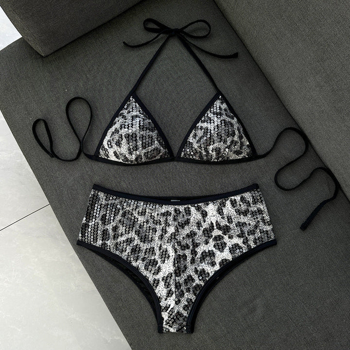 Leopard Sequ Split Trim Boxers Split Swimwear Swimsuit Bikini