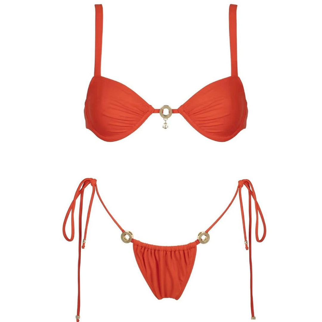 Bikini Sexy Solid Color Lace up Split Swimsuit for Women with Steel Support