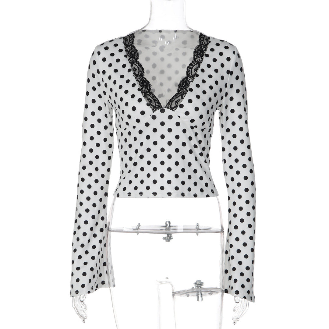 French Polka Dot Printed Top Summer Casual V neck Lace Ruffled Short Sleeves T shirt Women