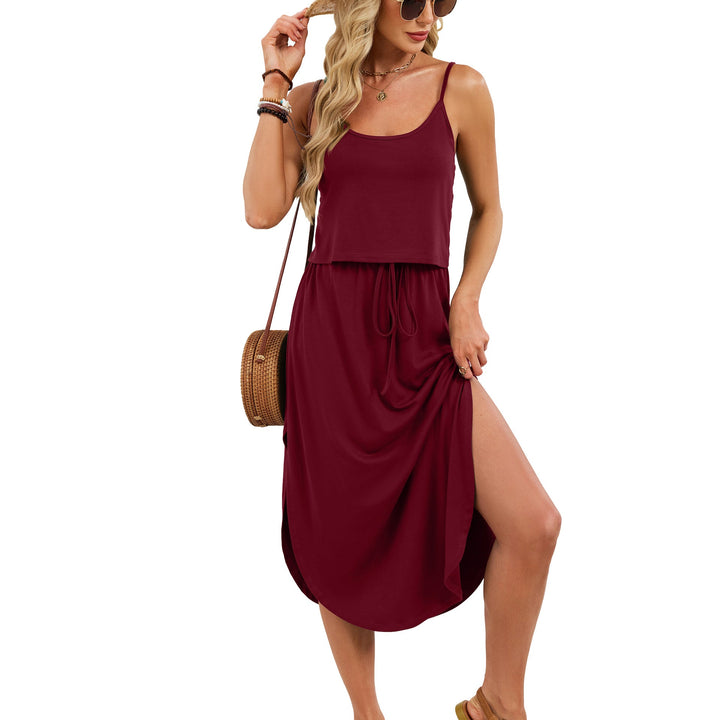Spring Summer Solid Color U Neck Camisole Drawstring Split Dress