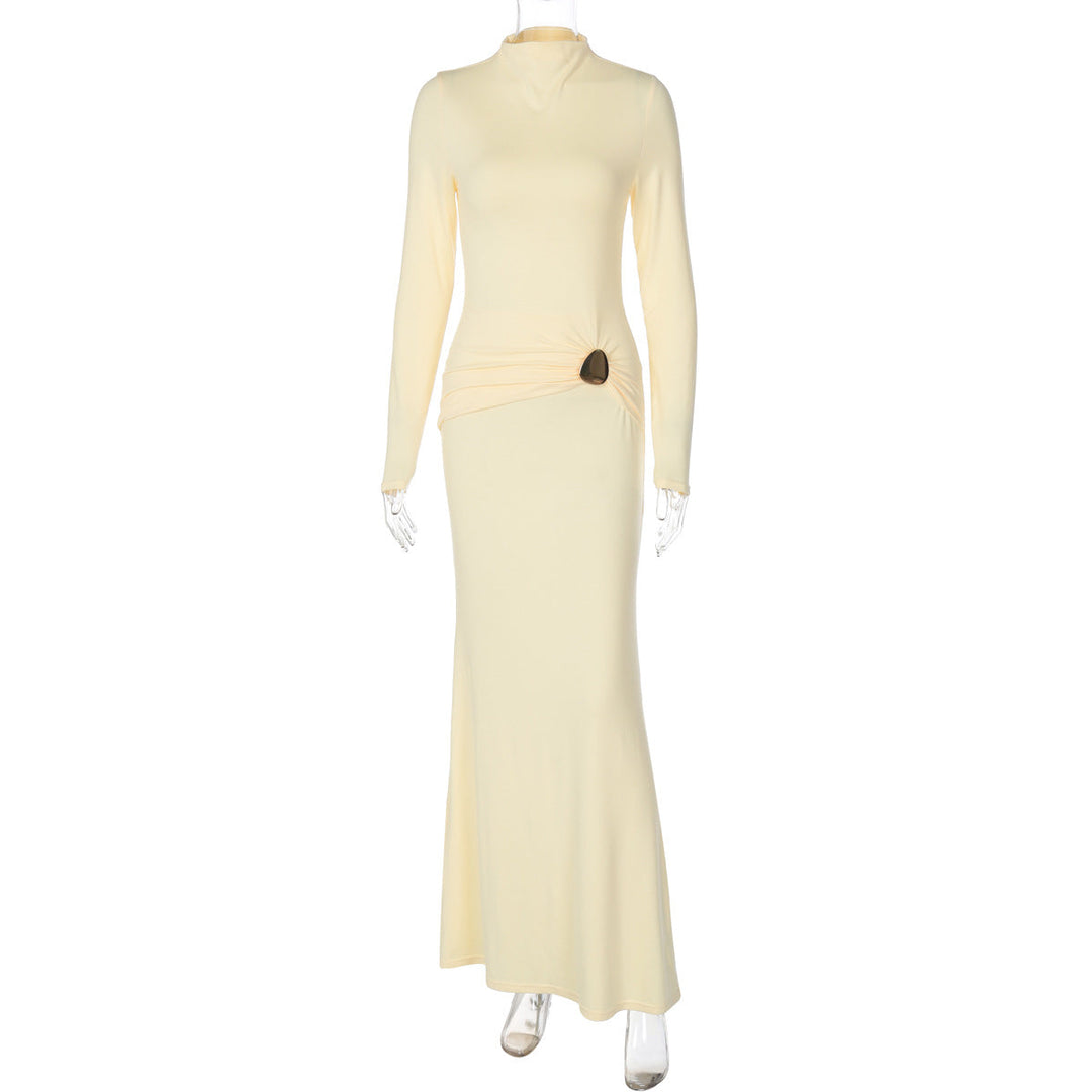 Women Clothing Autumn Suede Solid Color Long Sleeve Pleated Fishtail Dress Slim Dress