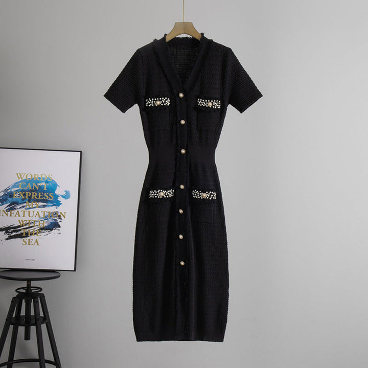 Summer Japanese Korean Women Clothing Classic V neck Short Sleeve Beaded Midi Dress Waist Tight Knitted Dress