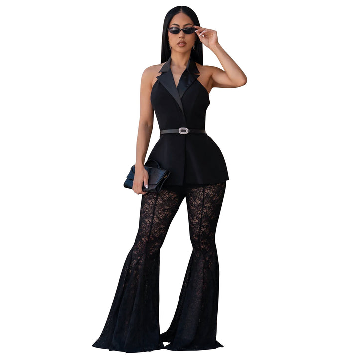 Sleeveless Backless Sexy Lace Bell Bottom Pants Two Piece Set