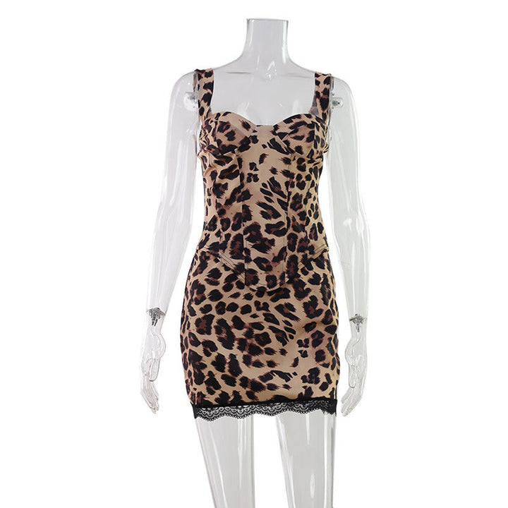 Women Clothing in Leopard Print Printed Sexy Sleeveless Vest Hip Skirt Pure Sexy Two Piece Sets