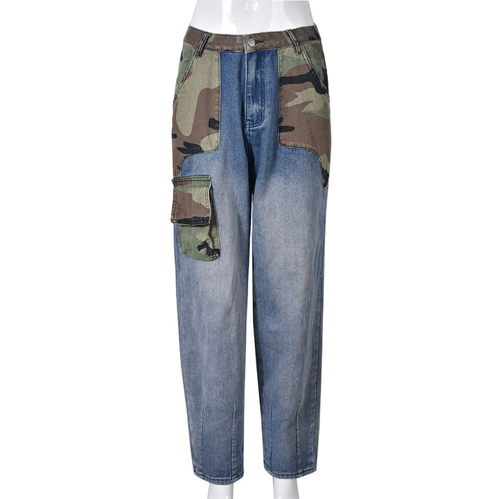 Women Clothing Trendy Denim Camouflage Contrast Color Personality Stickers Bags Straight Pants for Women