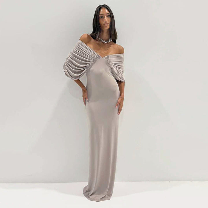 Spring Women Clothing Sexy off Neck Sleeve Slim Solid Color Maxi Dress Women
